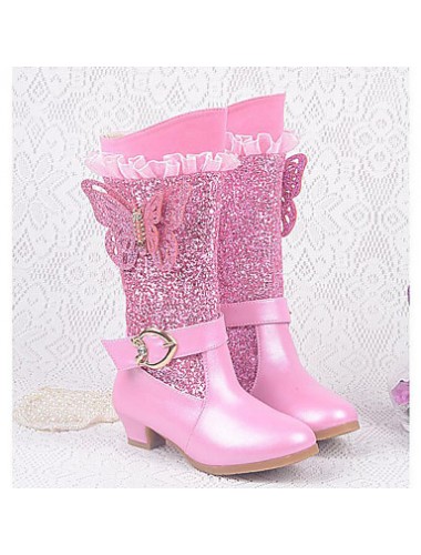 Girls Cinderella Suede Boots Princess Shoes Soft Bottom Dress shoes  Princess Fur Low Heel Knee High Boots  